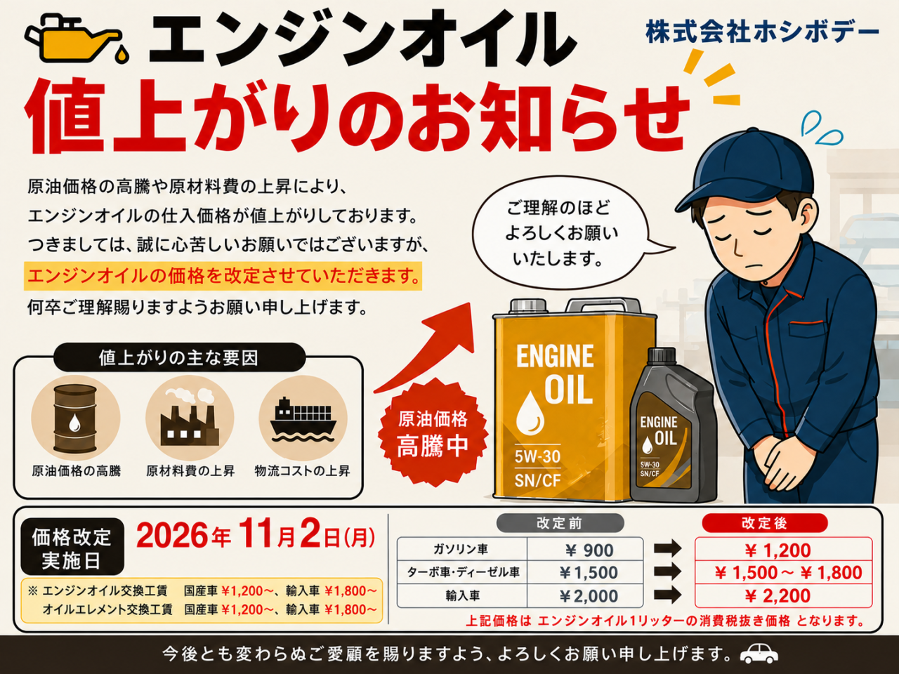 エンジンオイル交換の価格が変わります。お知らせです